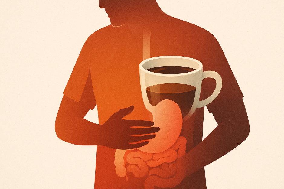 위장을 잡고 있는 사람의 실루엣과 커피 컵, 이중 노출로 위장과 카페인이 강조된 일러스트