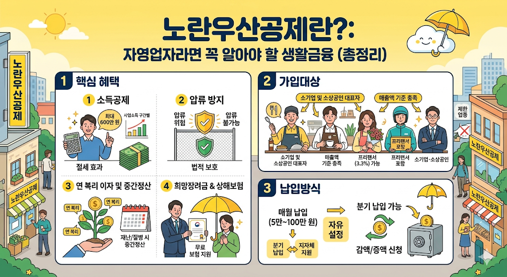 노란우산공제 제도 총정리 인포그래픽. 핵심 혜택(소득공제, 압류방지, 연복리 및 중간정산, 희망장려금), 가입대상(소상공인, 프리랜서), 납입방식(월 5만~100만 원)의 정보를 담고 있는 안내 이미지.
