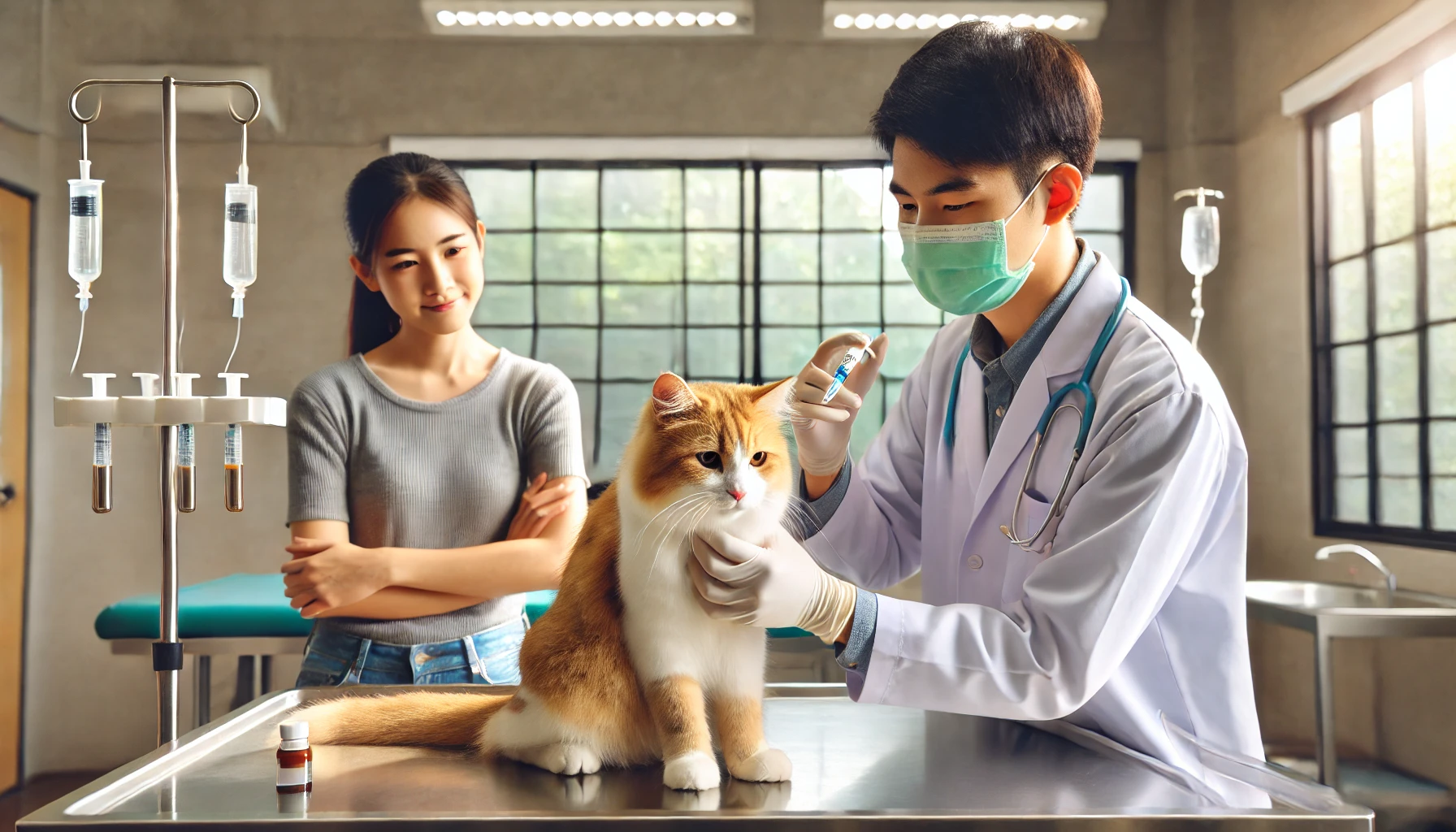 동물병원 진료실에서 고양이가 침착하게 예방접종을 받고 있고, 보호자가 그 옆에서 부드럽고 안심되는 표정으로 지켜보는 장면.