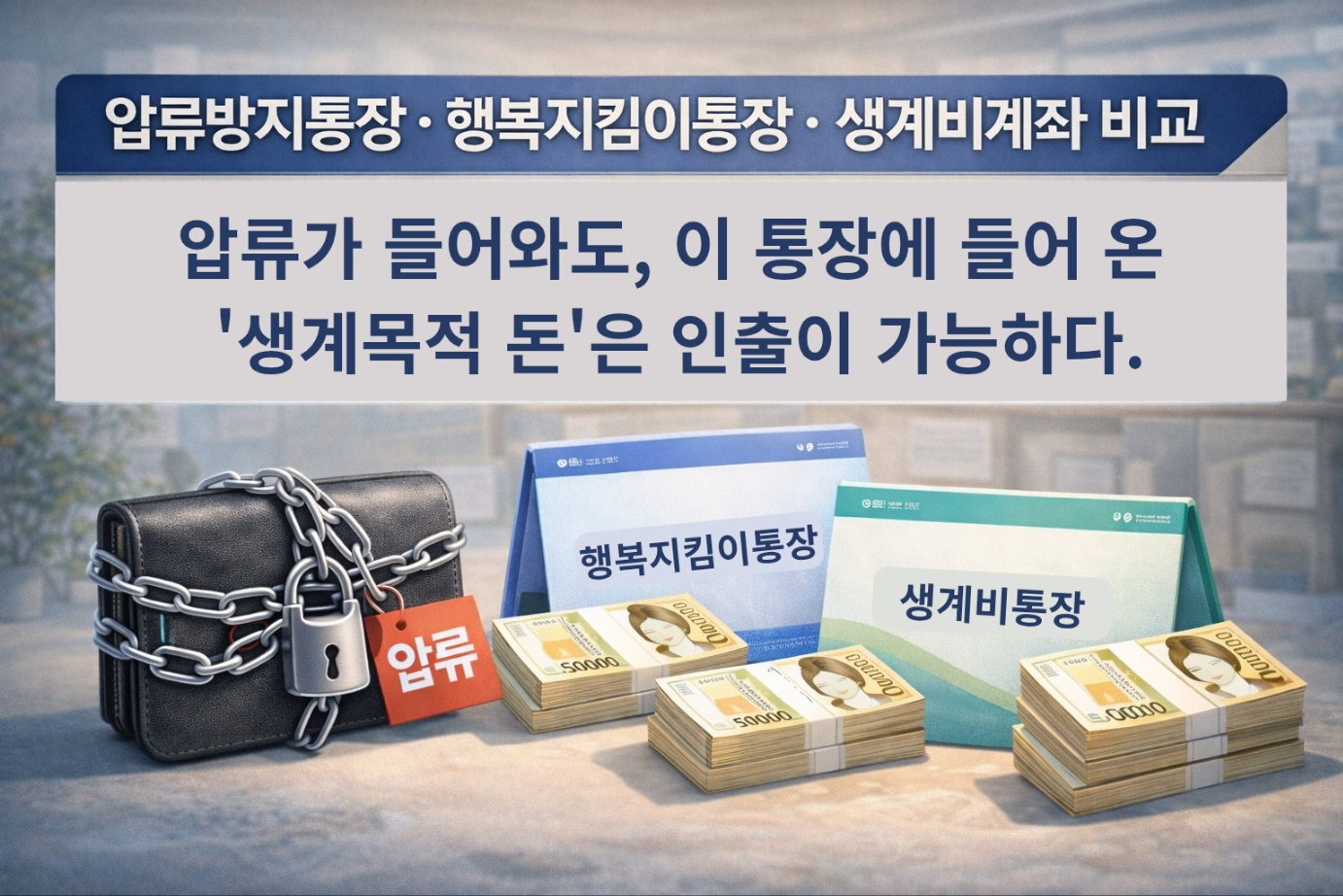 ‘압류방지통장·행복지킴이통장·생계비계좌 비교’ 문구와 함께, 압류가 들어와도 생계비 인출이 가능하다는 안내가 강조된 인포그래픽. 통장 압류 상황에서 보호되는 생계비 계좌의 특징을 설명하는 이미지.