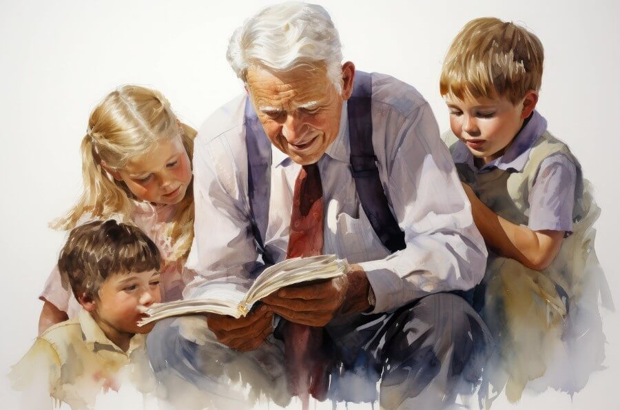 손주들에게 책을 읽어주는 할아버지