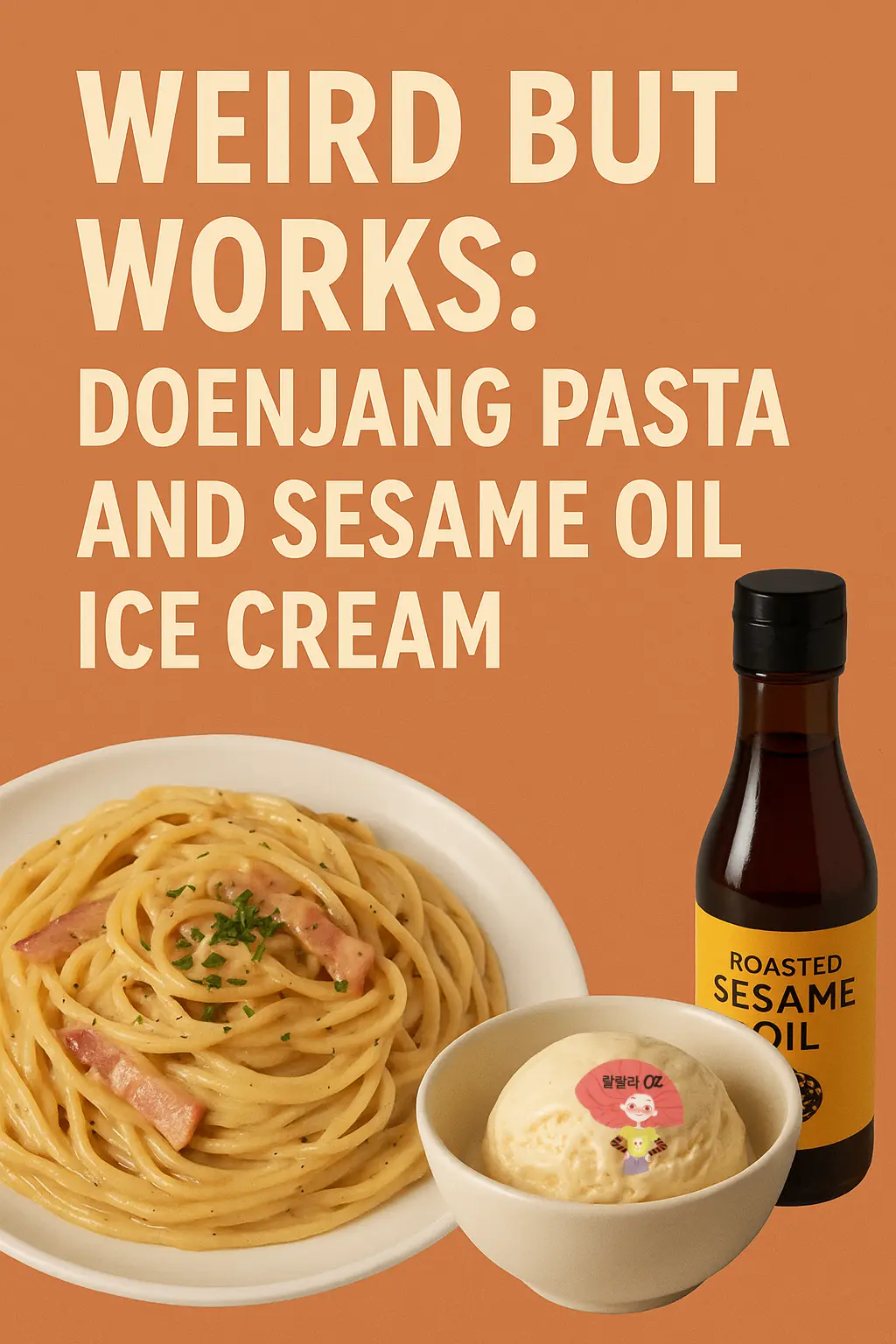 doenjang-spaghetti-and-vanilla-ice-cream-side-by-side-with-sesame-oil