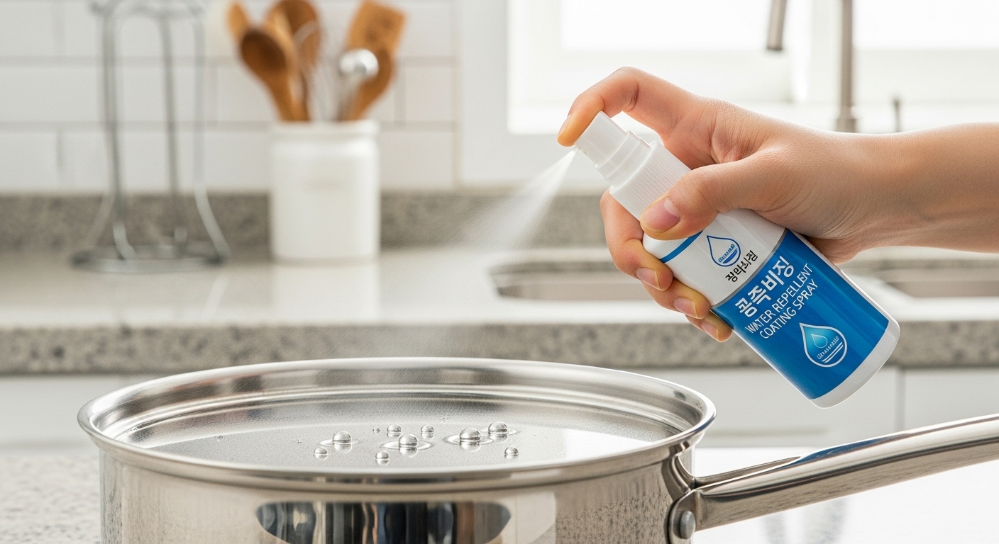스테인리스 냄비에 발수 코팅 스프레이를 뿌려 물방울이 맺히지 않고 흘러내리는 모습