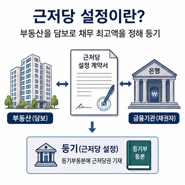 아파트와 은행 담보계약을 통해 부동산에 채권최고액을 정해 근저당권을 설정하는 의미를 설명한 이미지