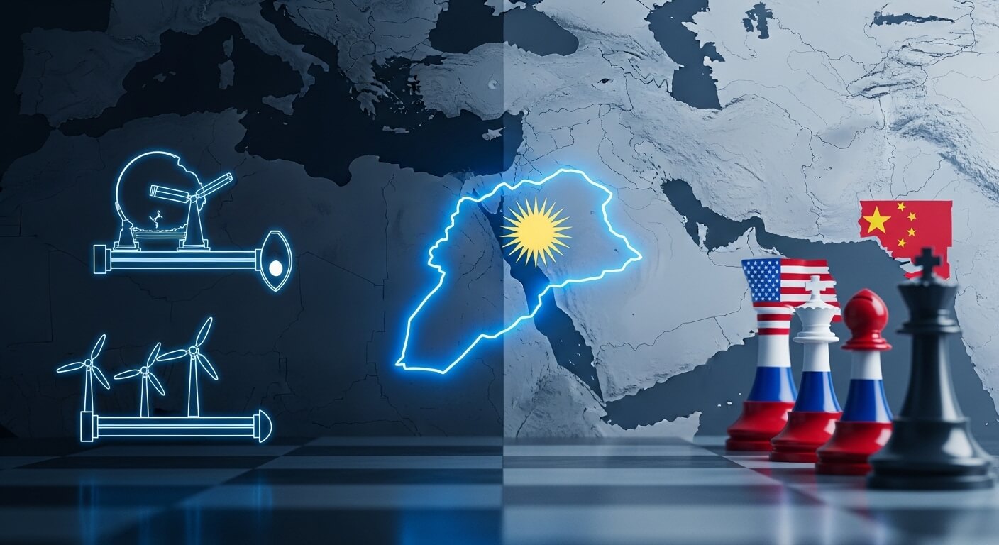 중동지도와 체스판위의 말들이보인다