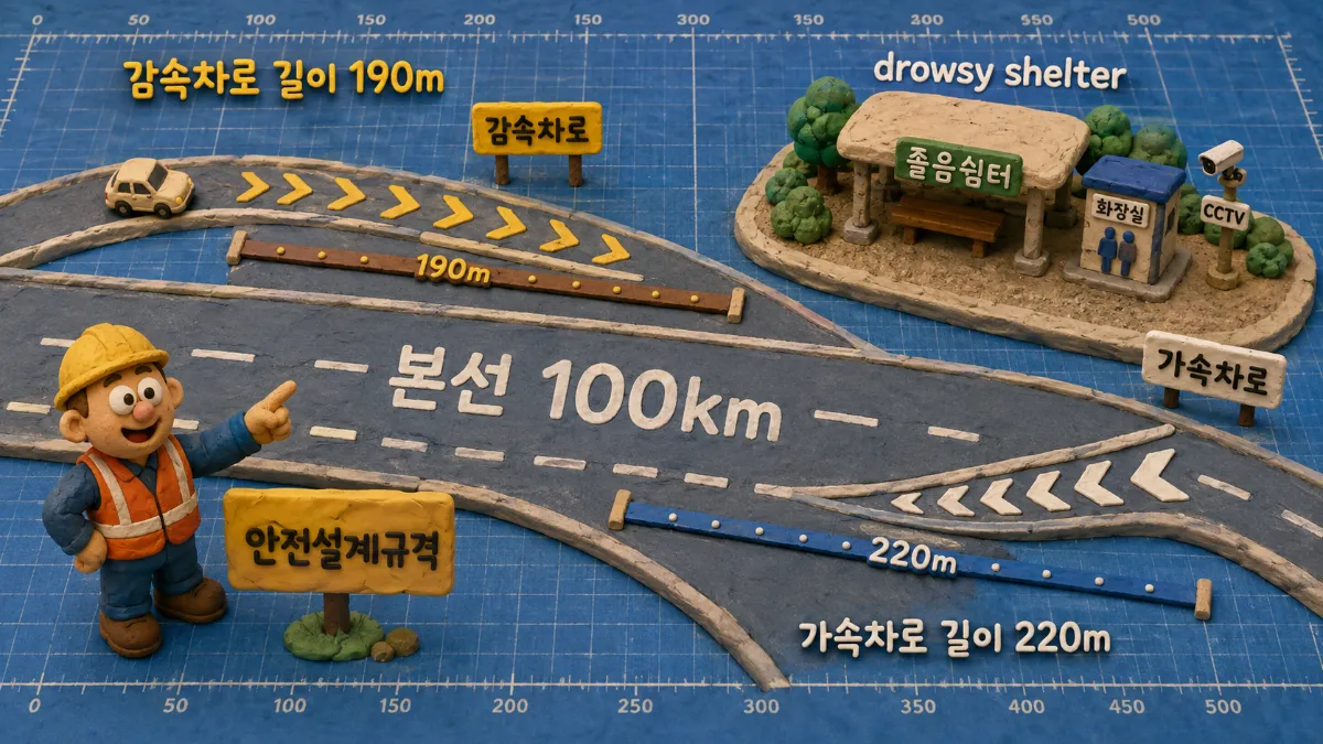 졸음쉼터 진입 시 감속차로 190m와 진출 시 가속차로 220m의 도로공학 규격을 clay 스톱모션 디자인 도면으로 표현한 본문 인포그래픽