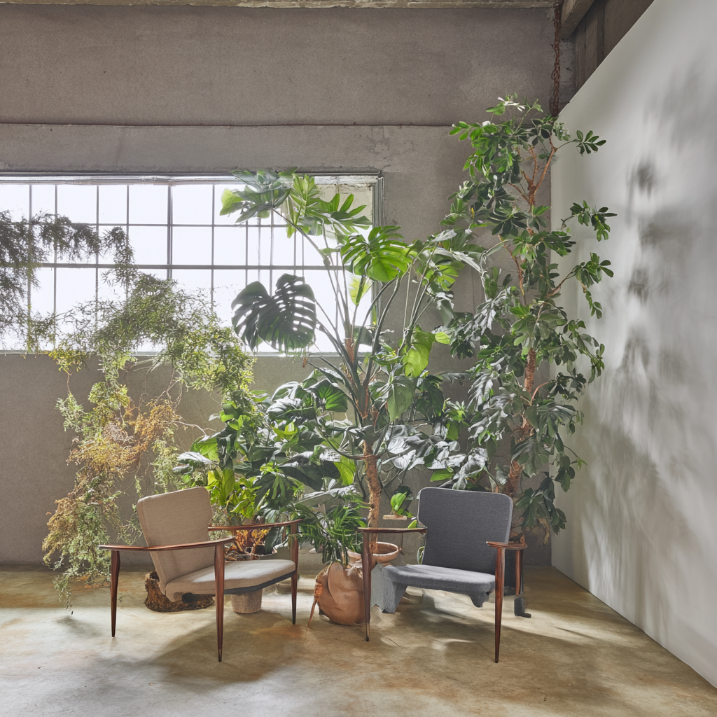 자연광이 들어오는 콘크리트톤 거실에 배치된 대형 실내식물 인테리어