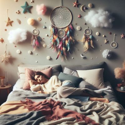 꿈의 사슬로 장식된 벽과 별과 구름 장식이 있는 방에서 잠자는 사람.