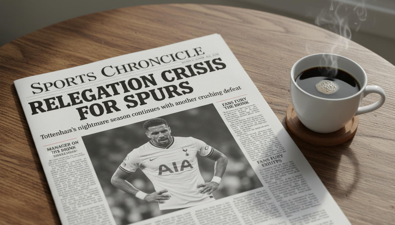 토트넘의 강등 위기를 대서특필한 영문 스포츠 신문 1면과 커피 잔