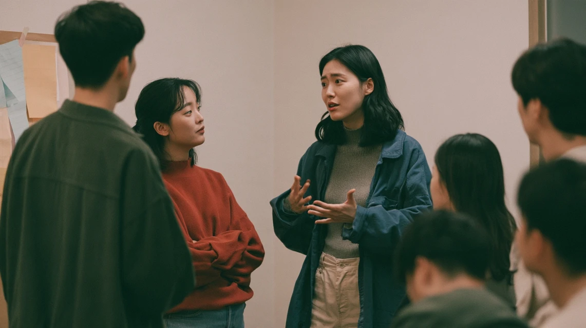 커뮤니티룸 테이블에서 이야기를 나누는 세 사람
