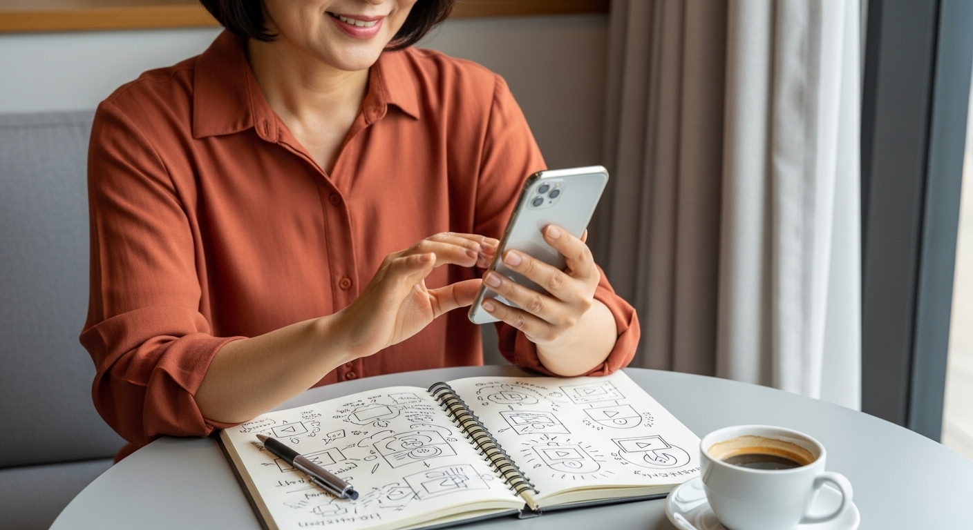중년 여성이 카페에서 노트북에 숏폼 영상 아이디어를 스케치하며 스마트폰을 보는 모습. 따뜻한 커피와 함께 편안하게 영상 기획에 몰두하는 장면.