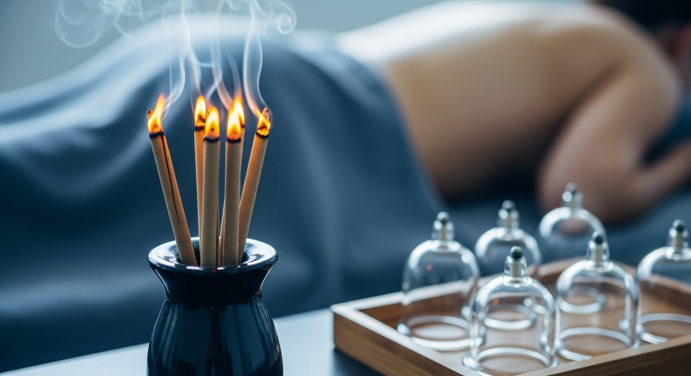 사람의 등 근처에 놓인 연기 나는 뜸과 나무 쟁반에 놓인 유리 부황 컵들이 보이는 클로즈업 이미지