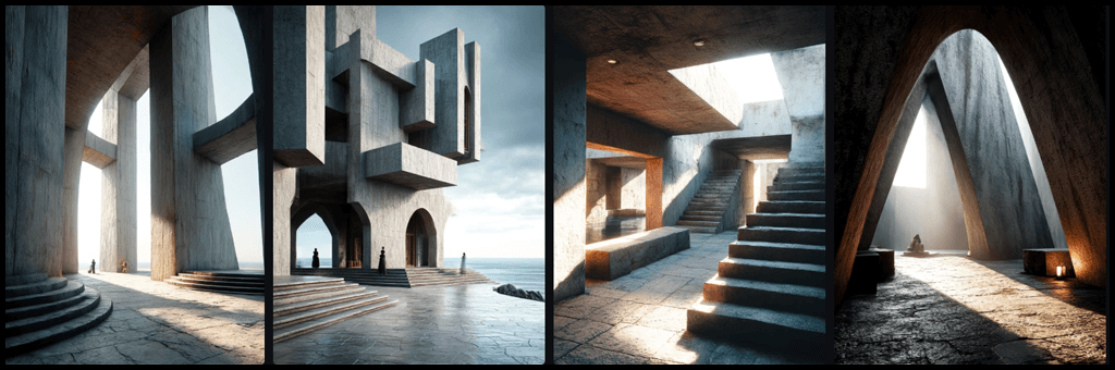 고대 + 미니멀리즘 건축 조합 예시 Midjourney