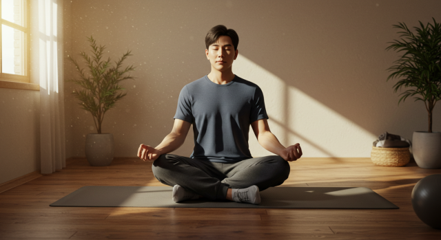 요가 매트에서 명상하는 한국 남성