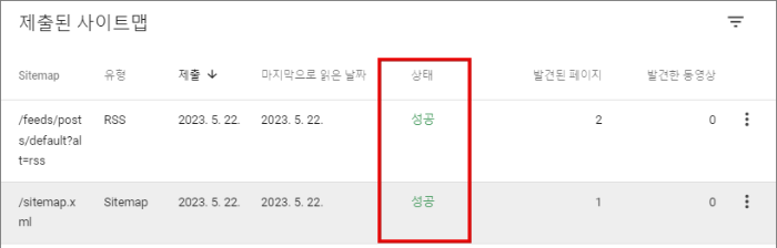 구글 블로그 서치 콘설 검색 등록_사이트맵 등록_결과