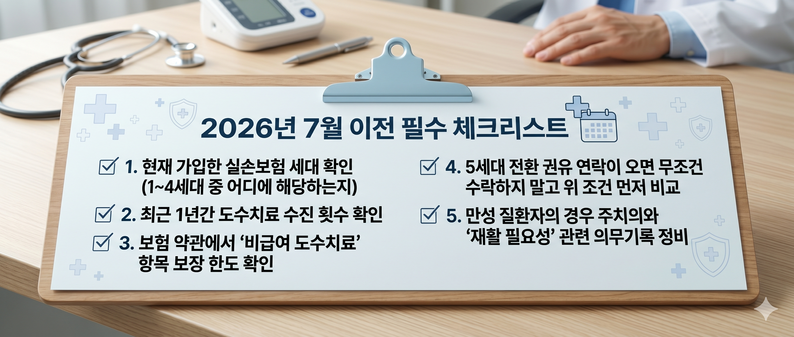 의사의 진료실 책상을 배경으로 가로로 길게 놓인 체크리스트 보드. 실손보험 세대 확인, 도수치료 보장 한도 확인, 5세대 전환 비교 등 전문적인 텍스트가 가로형으로 배치되어 시인성이 높은 블로그 본문용 배너 이미지.