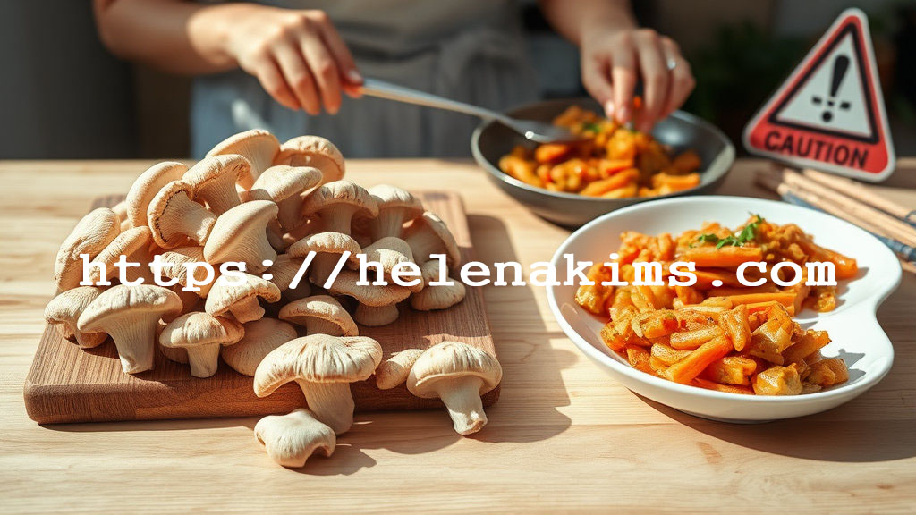 여성이 표고버섯 요리를 하고 있고 옆에는 주의 표시가 놓여 있는 모습.