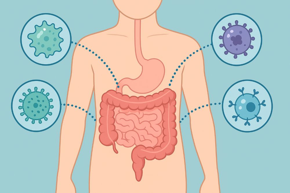 사람의 장을 중심으로 면역세포가 연결된 일러스트