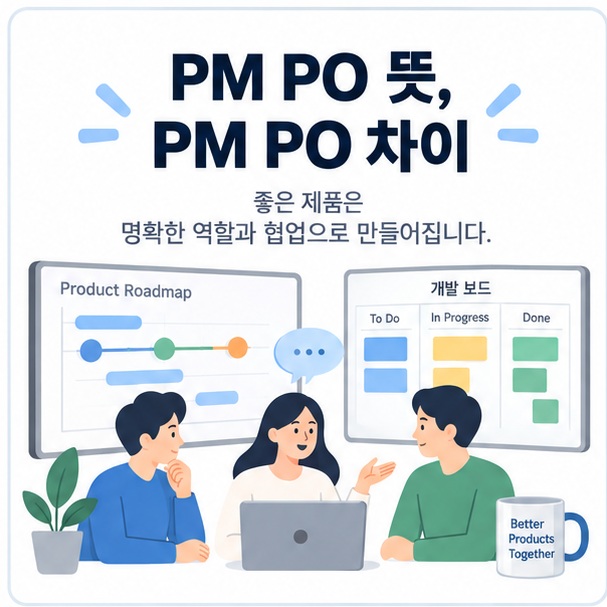 제품 로드맵과 개발 보드 아이콘 위에 PM PO 뜻 PM PO 차이 문구가 표시된 대표 이미지