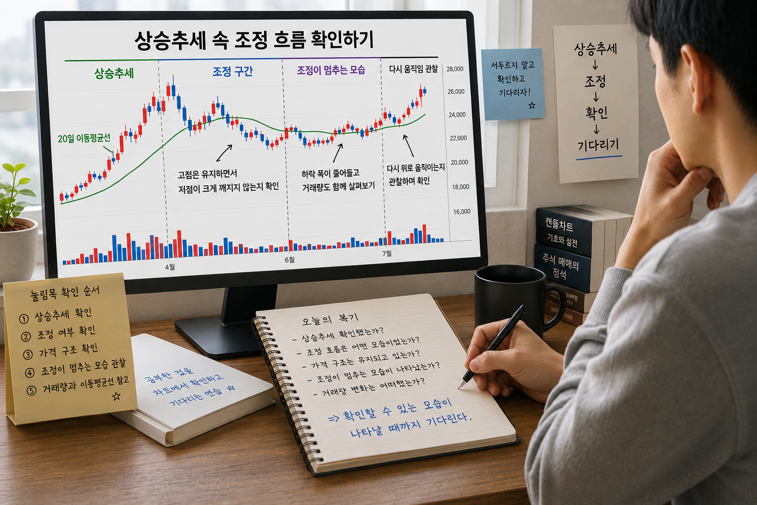 상승추세 이후 나타나는 조정과 가격 흐름을 차트에서 살펴보는 모습.