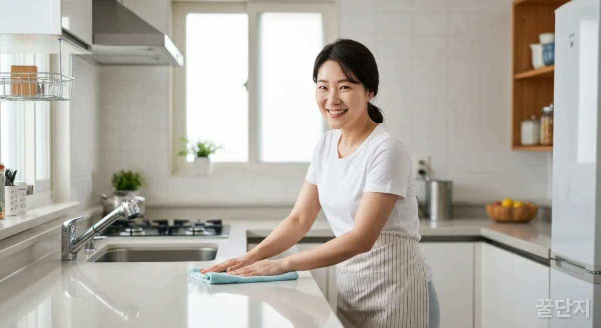깨끗하게 정리된 주방에서 한 여성이 환하게 웃으며 조리대 상판을 닦고 있는 모습