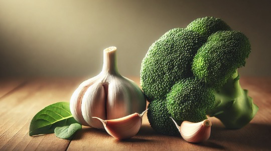 따뜻한 우드톤의 주방 테이블 위에 신선한 마늘과 브로콜리가 놓여 있는 장면
