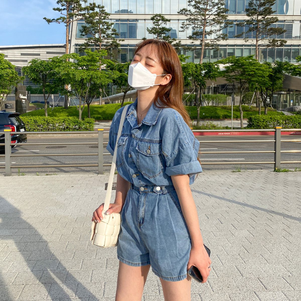 오드 여름 반팔 반바지 데님 점프수트