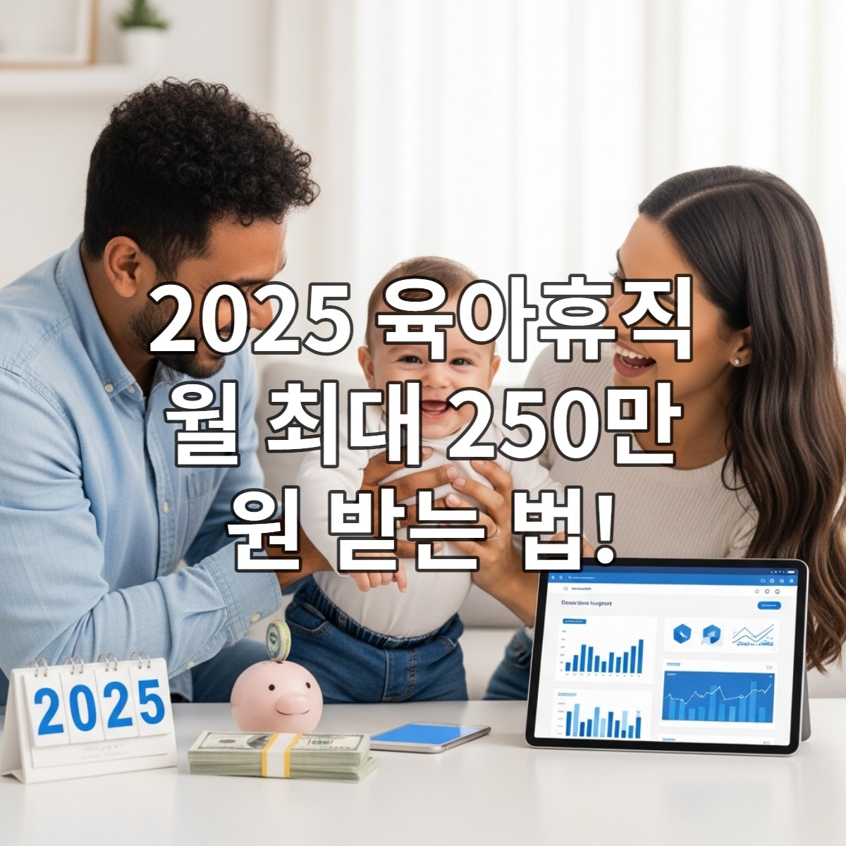 2025년 육아휴직 정부 지원금을 받고 행복하게 아이와 함께하는 젊은 부부의 모습