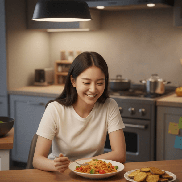 냉장고에 재료들로 요리를 해서 식사를 하며 행복해 하는 20대 여성의 사진