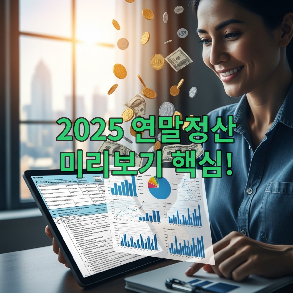 2025년 연말정산을 미리 준비하며 활짝 웃는 사람의 모습과 떨어지는 돈