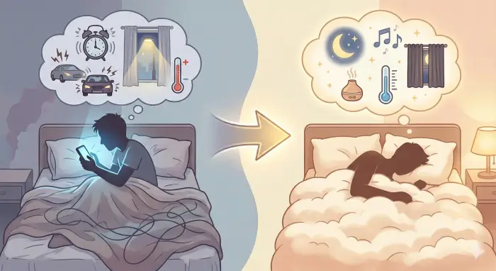 분할된 화면의 왼쪽은 어둡고 푸른색 톤으로, 스마트폰을 보며 깨어 있는 사람의 실루엣과 그 머리 위로 알람 소리, 교통 소음, 밝은 가로등, 극단적인 온도계 등 수면 방해 아이콘들이 떠 있습니다. 중앙의 화살표를 지나 오른쪽은 따뜻하고 아늑한 톤으로, 포근한 이불을 덮고 깊이 잠든 사람의 실루엣과 그 머리 위로 달과 별, 잔잔한 음악, 아로마 디퓨저, 적절한 온도, 암막 커튼 등 이상적인 수면 환경 아이콘들이 떠 있는 모습을 대조적으로 표현한 인포그래픽 이미지.