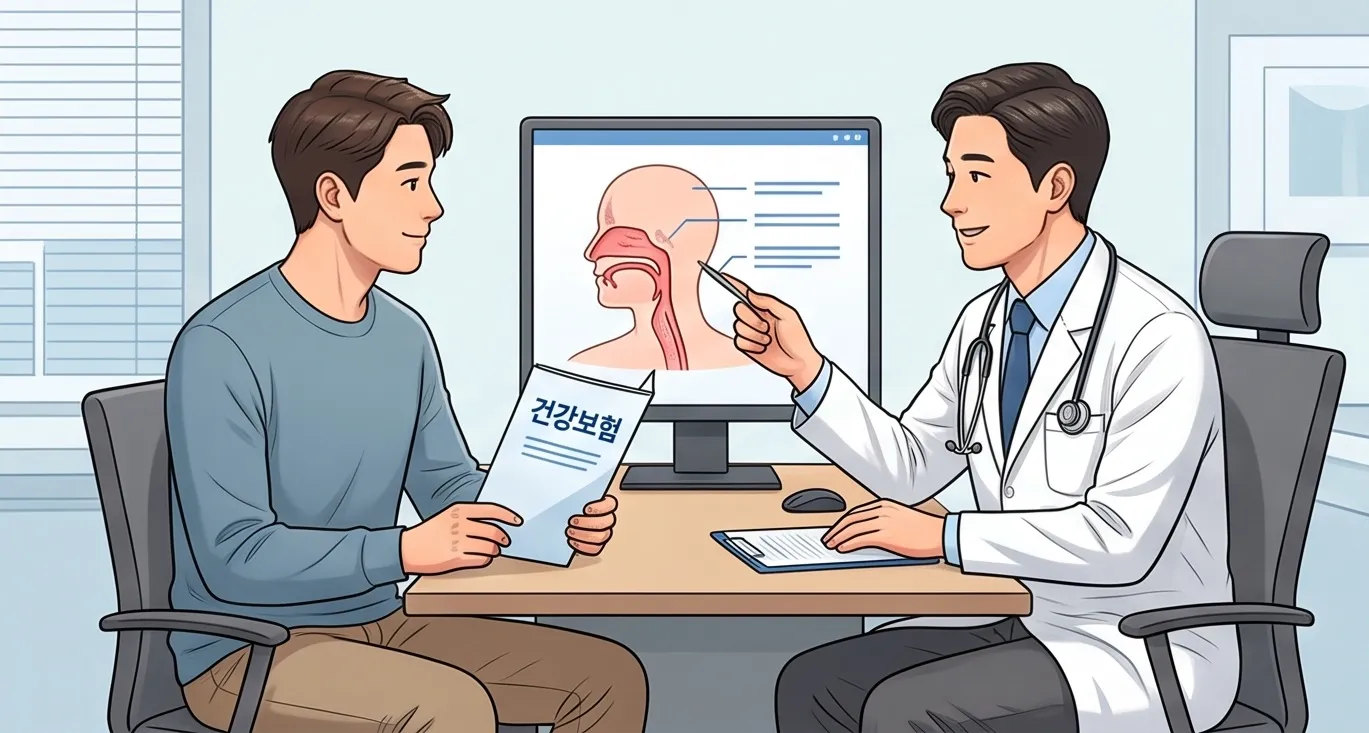 밝고 깨끗한 진료실에서 흰 가운을 입은 의사가 컴퓨터 모니터의 상기도 및 수면무호흡 관련 의학 그래픽을 가리키며 남성 환자에게 친절하게 설명하는 모습을 담은 일러스트