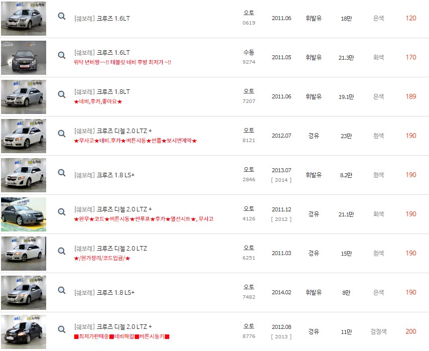 크루즈 중고차 최저가 시세표