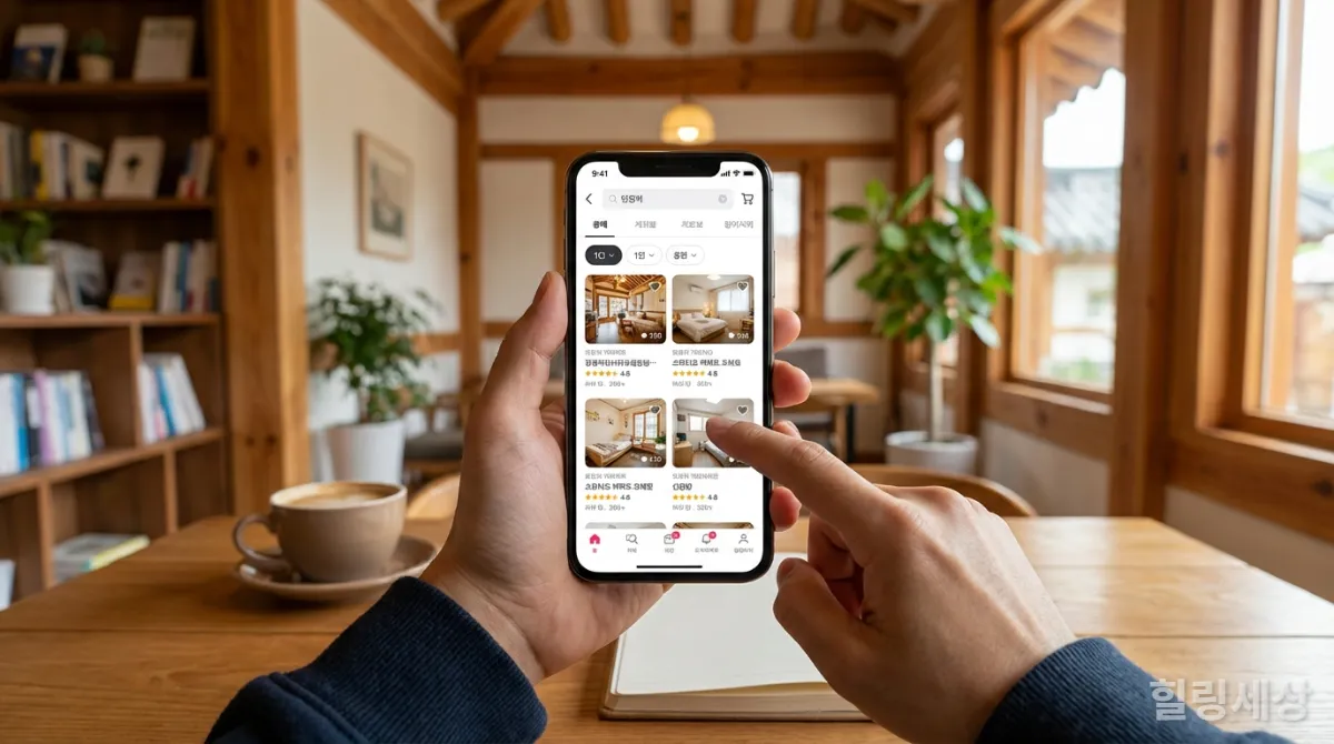 스마트폰으로 1인 숙소를 검색하는 모습