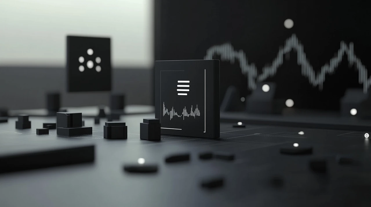 AI 기술 기호와 주식시장 동향이 하나로 어우러져 명확성과 지혜를 상징하는 디지털 환경을 구현합니다.