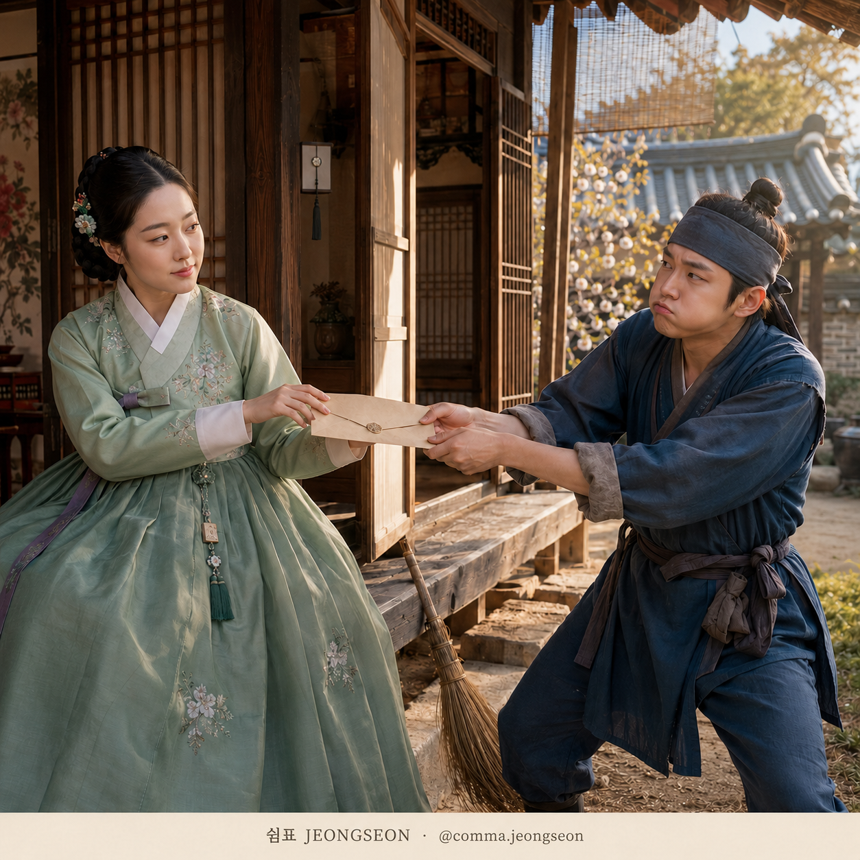 한옥 툇마루 앞에서 마님이 편지 한쪽을 자연스럽게 붙잡고, 마당쇠가 볼을 부풀린 채 봉투 끝을 놓지 못하는 익살스러운 장면