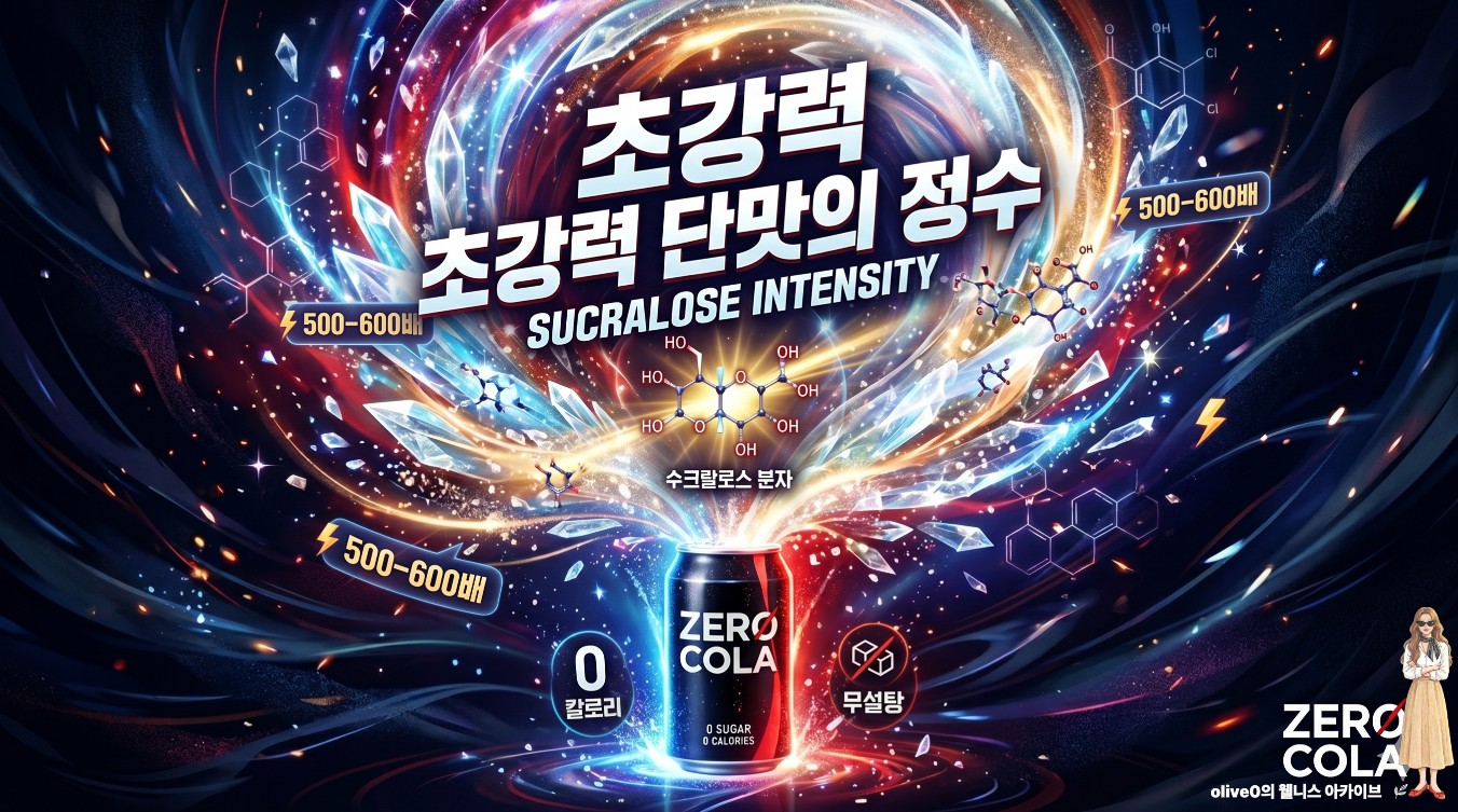 제로 콜라 캔과 수크랄로스의 강력한 단맛 강도를 상징적으로 표현한 그래픽 (Sucralose ingredient inside zero calorie cola tin can illustration)