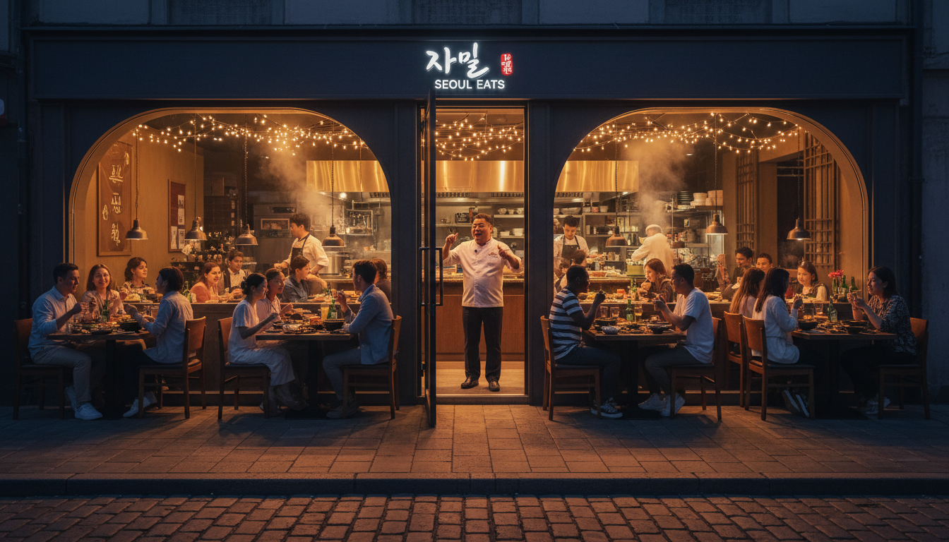 저녁 시간 유럽 거리에 위치한 붐비는 현대적인 한국 식당의 모습, 오픈 키친에서 열정적으로 일하는 셰프와 식사를 즐기는 다양한 외국인 손님들
