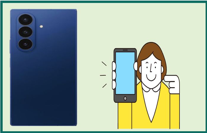 스마트폰 정면 화면과 화면을 들고 환하게 웃는 여성 일러스트 휴대폰을 싸게 구매하고 만족하는 소비자의 모습으로 단통법 개정 후 혜택을 상징