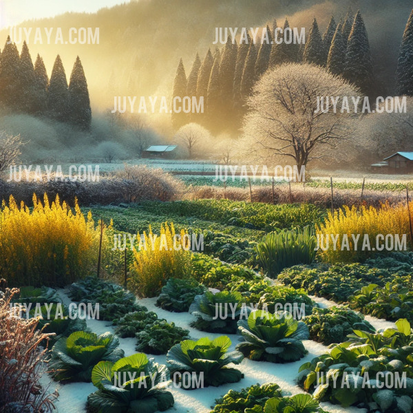 눈 덮인 겨울 농장에서 생강과 겨자가 자라는 풍경. 부드러운 햇빛이 배경을 감싸고 있다.