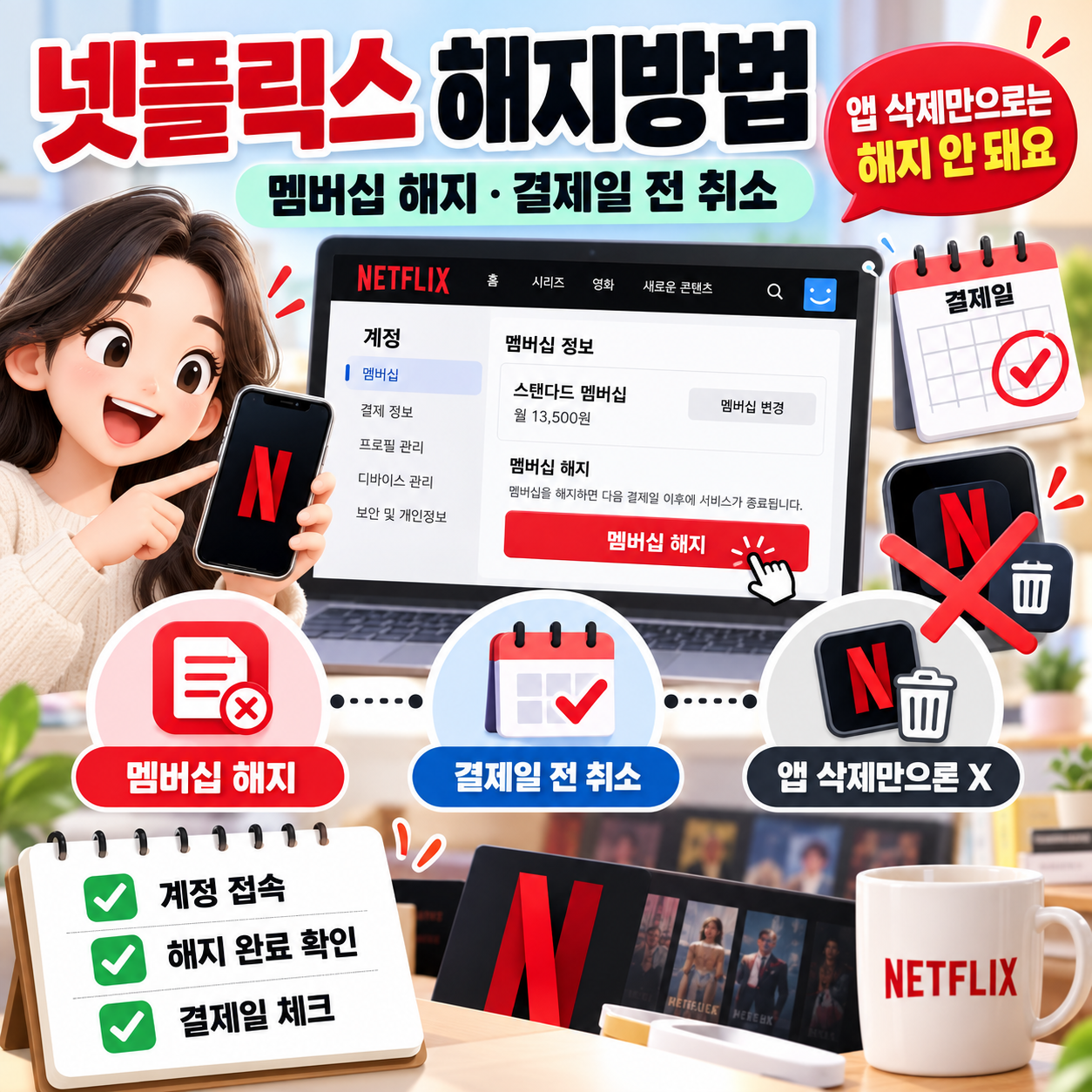 넷플릭스 해지방법 ❘ 멤버십 해지·결제일 전 취소, 앱 삭제만으로는 해지 안 돼요