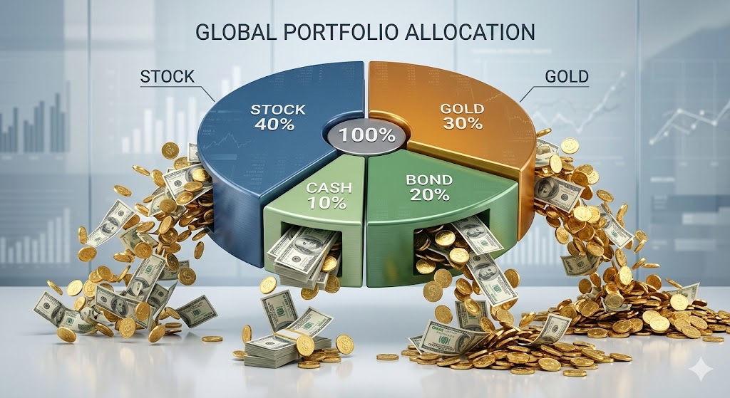 주식 40%, 금 30%, 채권 20%, 현금 10%가 조화롭게 나뉘어 달러가 쏟아지는 인포그래픽