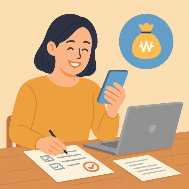 노트북, 스마트폰, 서류 등을 보며 가족 지원금을 챙기는 엄마 이미지