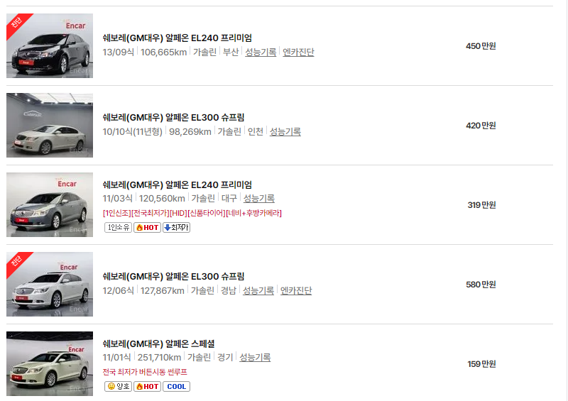 쉐보레 알페온 중고차 가격 시세표 24년10월