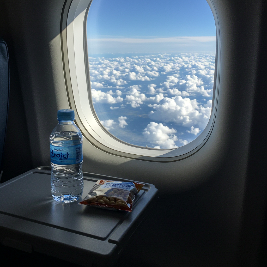 비행기 창밖으로 구름이 보이는 풍경. 앞 트레이에는 물병과 건강한 견과류 간식이 놓여 있음.