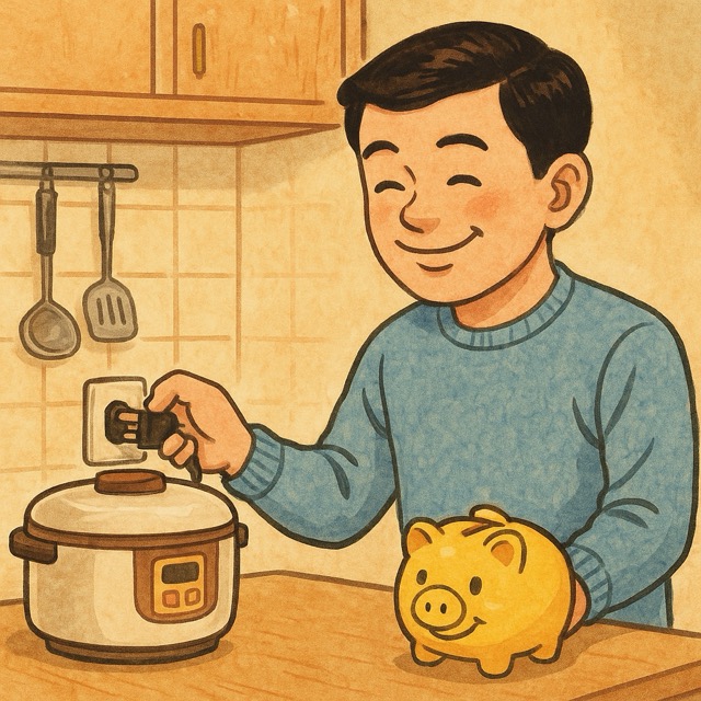 전기밥솥 플러그를 뽑으며 미소 짓는 남성과 노란 저금통