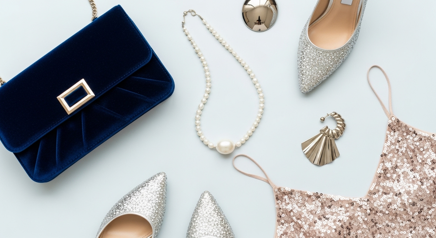 딥 블루 벨벳 클러치, 반짝이는 실버 하이힐, 진주 목걸이, 스팽글 상의 등 2025년 연말 파티용 액세서리와 의류를 모아 놓은 평면 배치 사진.