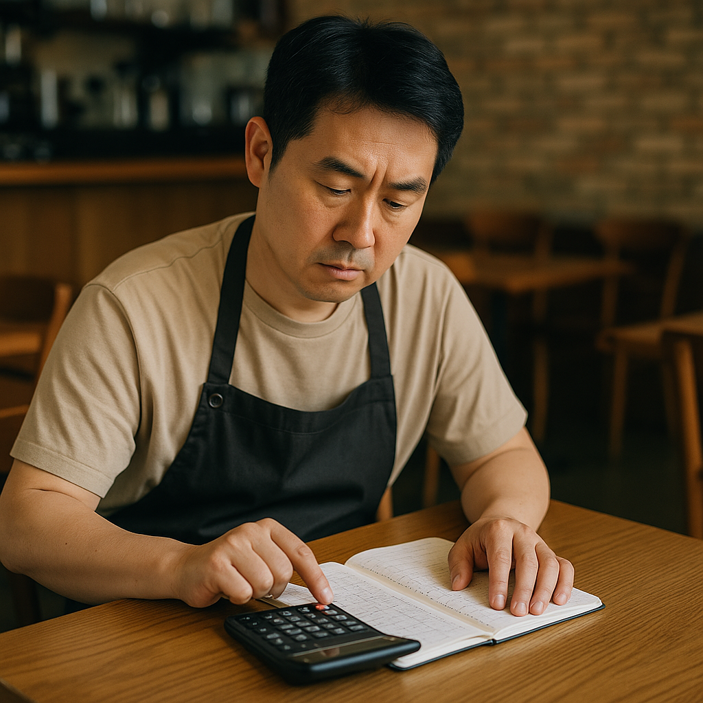 카페에서 혼자 계산기를 두드리며 인건비 장부를 확인하는 자영업자