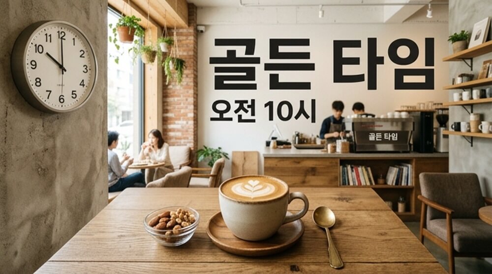 골든 타임 오전 10시 문구와 카페 내부의 따뜻한 커피 이미지