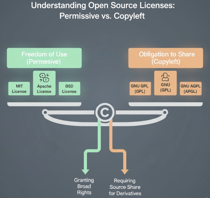 MIT, Apache, GPL 등 대표적인 오픈소스 라이선스의 특징과 의무 사항을 카피레프트와 퍼미시브 관점에서 비교한 라이선스 가이드 인포그래픽 이미지.